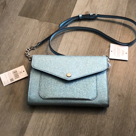 Kate Spade Tinsel Glitter Fabric Flap Crossbody Color Frosty Sky NWT - Picture 2 of 16